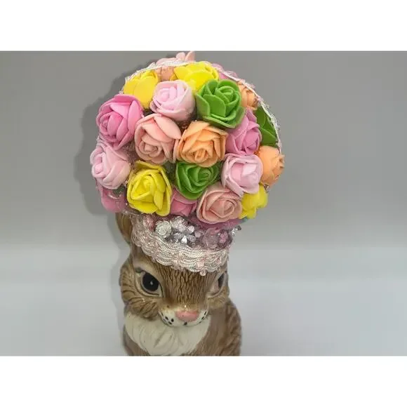 Vintage Ceramic Pretty Bunny Spring Bunny Floral Flower Hat Deb O. Original OOAK - Picture 2 of 16